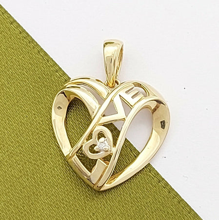 Ladies Pendant 9ct (375, 9K) Yellow Gold Open Heart 'Love' Diamond Chip Pendant