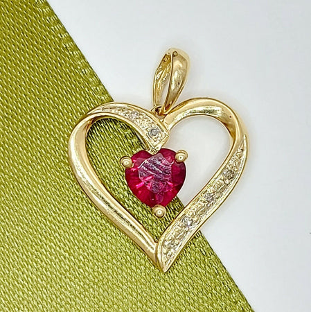 Ladies Pendant 9ct (9K,375)Yellow Gold Open Heart Created Ruby & Diamond Pendant