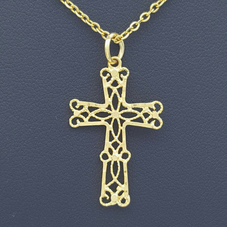 Ladies Pendant 9ct (375, 9K) Yellow Gold Filigree Patterned Style Cross Pendant