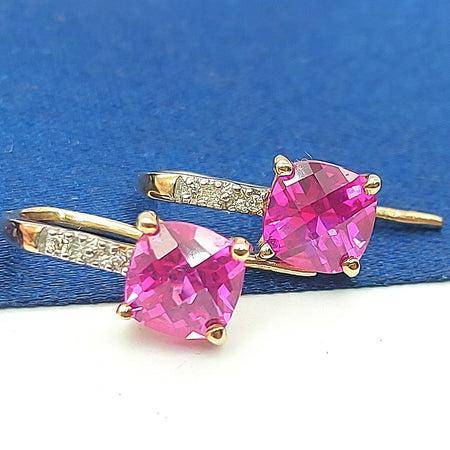Ladies Yellow Gold 9ct (375,9k) Created Pink Sapphire & Diamonds Drop Earrings