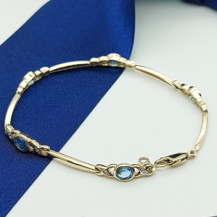 Ladies Yellow Gold 9ct (375,9K) High Quality Topaz & Diamond Link Bar Bracelet