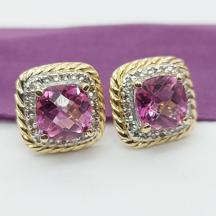 Ladies Two-Tone 14ct (585,14k) Created Pink Sapphire & Diamond Halo Square Studs