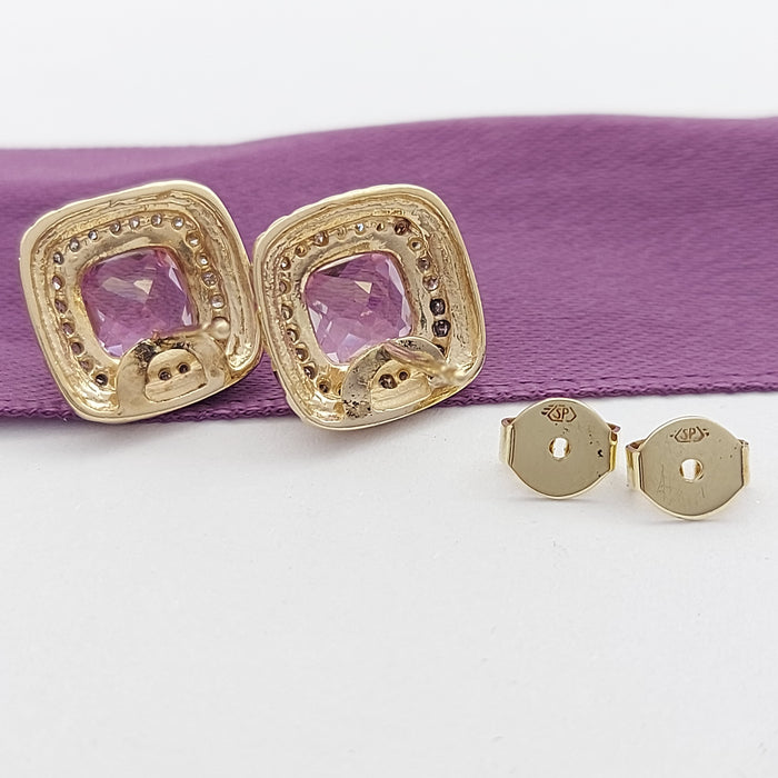 Ladies Two-Tone 14ct (585,14k) Created Pink Sapphire & Diamond Halo Square Studs