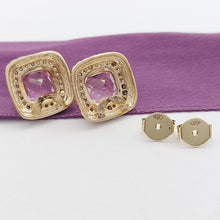Load image into Gallery viewer, Ladies Two-Tone 14ct (585,14k) Created Pink Sapphire & Diamond Halo Square Studs