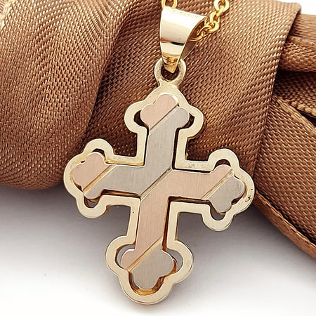 Unisex Tri-Tone Gold 14ct (585, 14K) High Quality Crucifix Halo Cross Pendant
