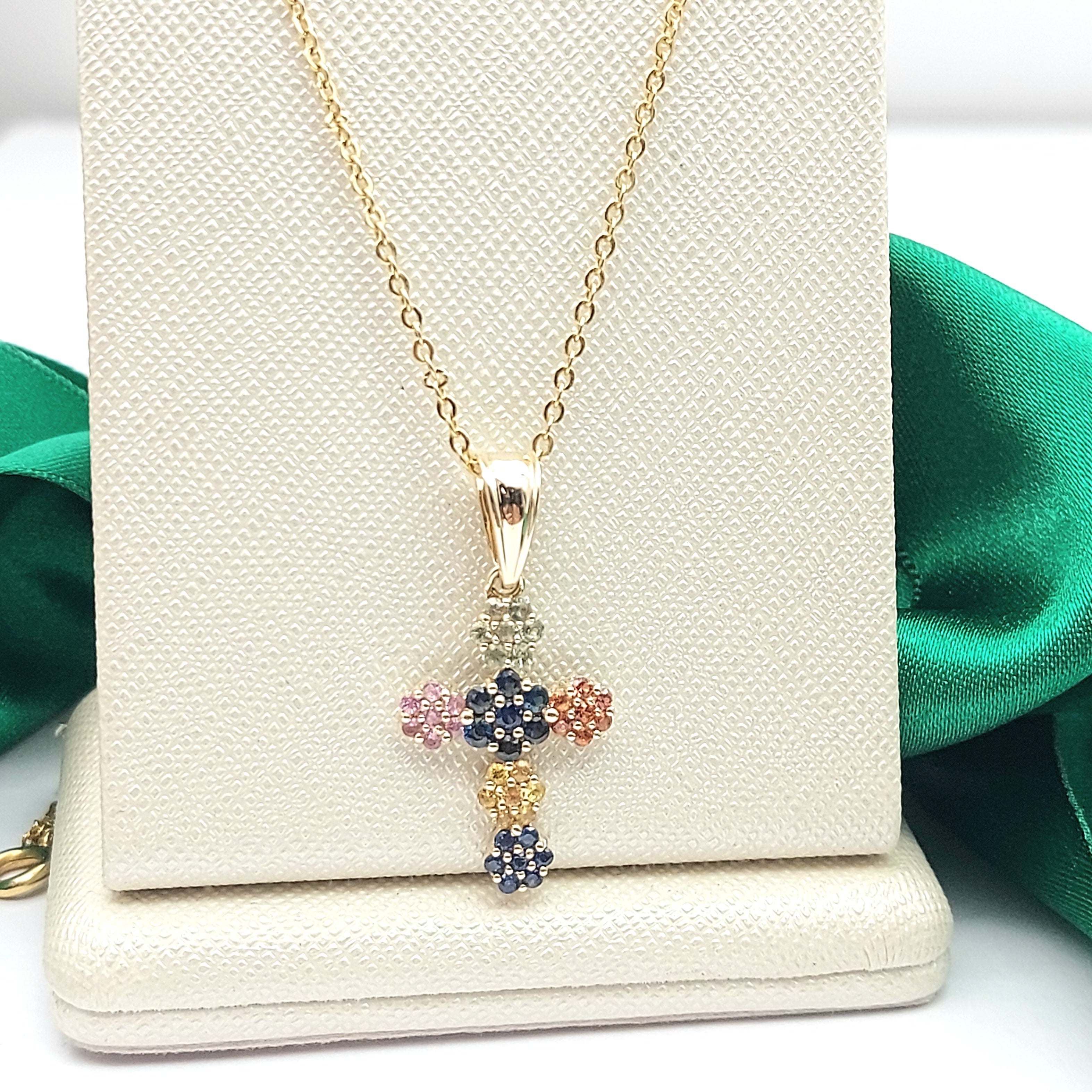 Ladies Yellow Gold 9ct (375, 9k) Unique Multi-Stones Floral Cross Pendant