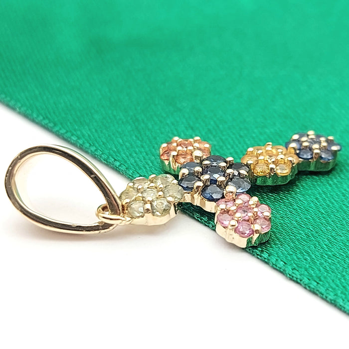 Ladies Yellow Gold 9ct (375, 9k) Unique Multi-Stones Floral Cross Pendant