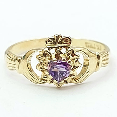 Ladies Yellow Gold 9ct (375,9K) Unique Claddagh Irish Amethyst Ring