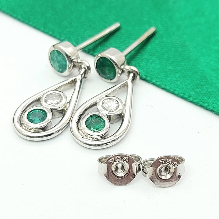 Ladies White Gold 18ct (750, 18K) Drop Dangle Natural Emerald & Diamond Earrings