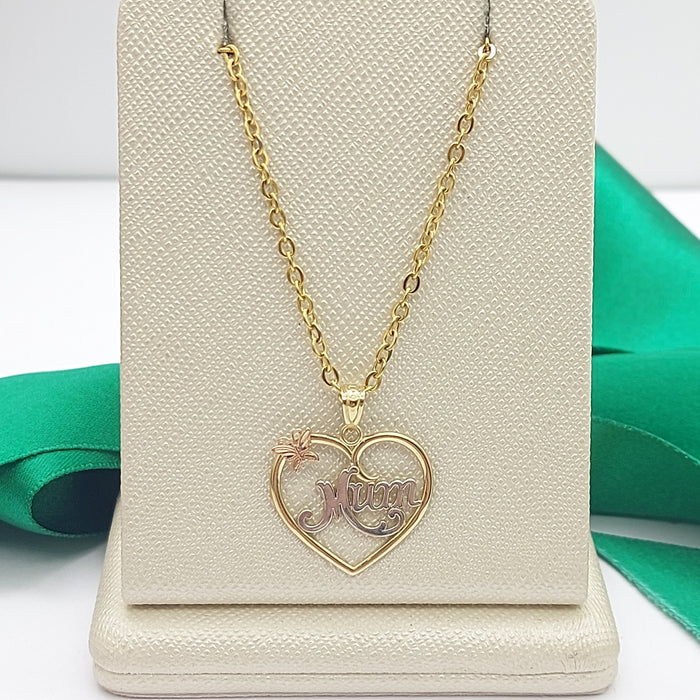 Ladies Tri-Tone Gold 9ct (375, 9K) Unique Butterfly Open Heart "Mum" Pendant