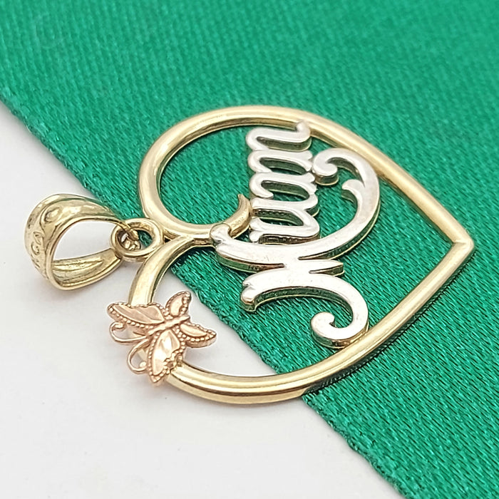 Ladies Tri-Tone Gold 9ct (375, 9K) Unique Butterfly Open Heart "Mum" Pendant