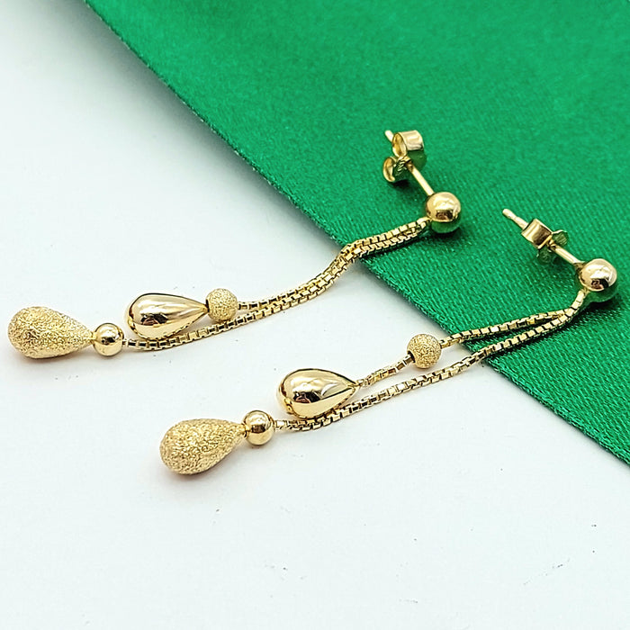Ladies Yellow Gold 9ct (375 ,9k) Double Teardrop Dangle Box Chain Stud Earrings