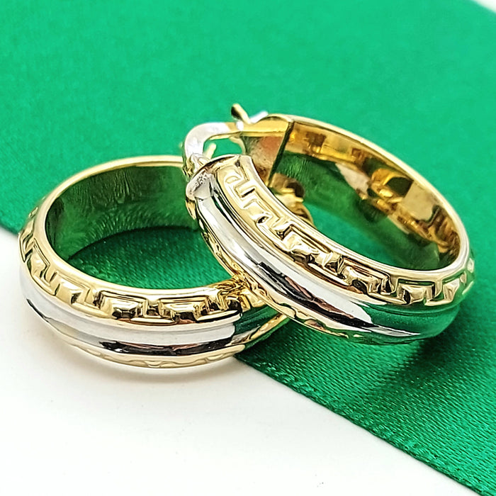 Ladies Italian Two-Tone Gold 9ct (375,9k) Greek Key Pattern Hoop Earrings