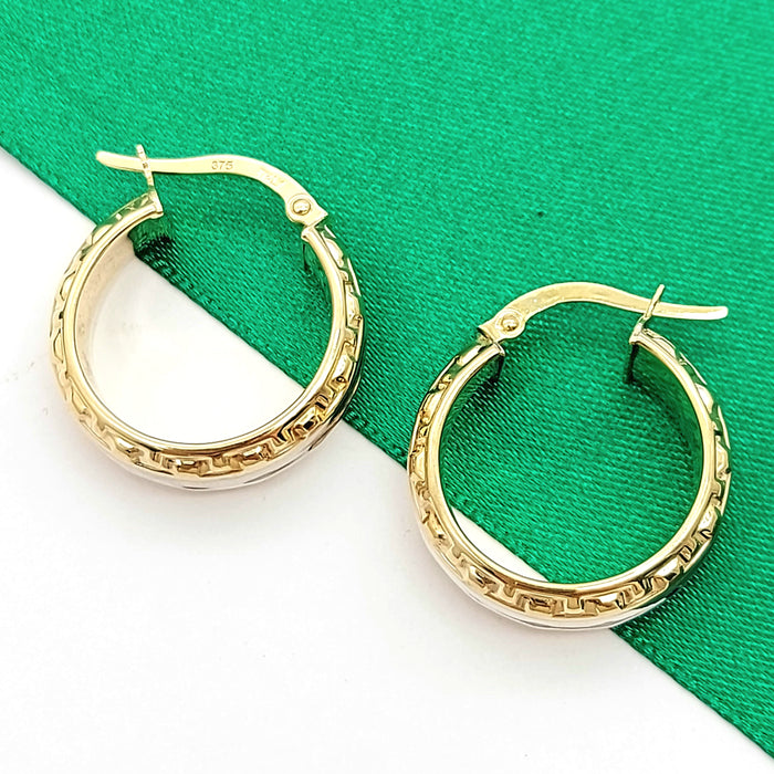 Ladies Italian Two-Tone Gold 9ct (375,9k) Greek Key Pattern Hoop Earrings