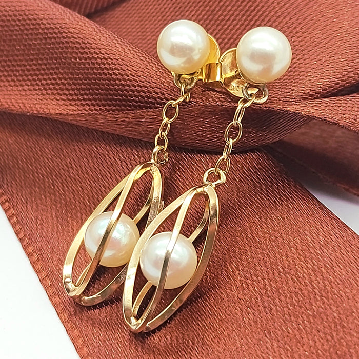 Ladies Rose Gold 9ct (375, 9k) Natural Pearl Drop/Dangle Swirl Cage Earrings