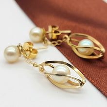 Load image into Gallery viewer, Ladies Rose Gold 9ct (375, 9k) Natural Pearl Drop/Dangle Swirl Cage Earrings