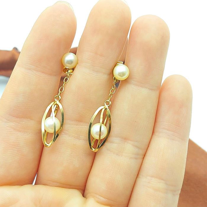 Ladies Rose Gold 9ct (375, 9k) Natural Pearl Drop/Dangle Swirl Cage Earrings