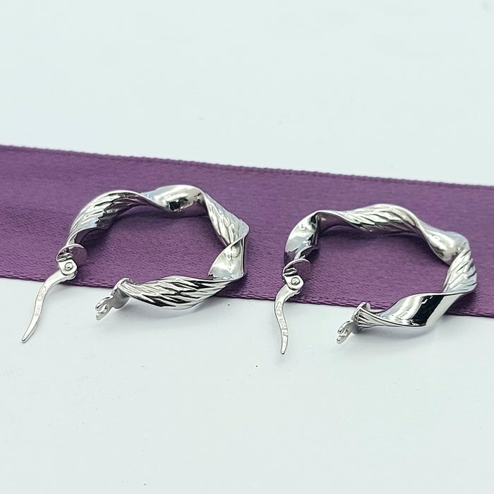 Ladies White Gold 9ct (375, 9K) High Quality Unique Twisted Patterned Hoops