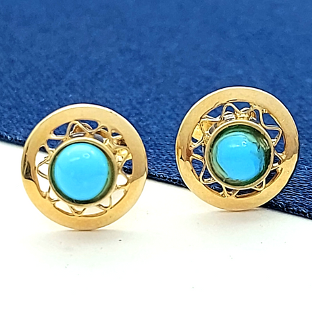 Ladies Yellow Gold 14ct (585,14K) Turquoise Pattern Bezel Round Stud Earrings