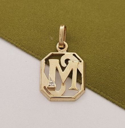 Unisex Pendant 9ct (375, 9K) Real Yellow Gold 'M' Diamond Chip Pendant