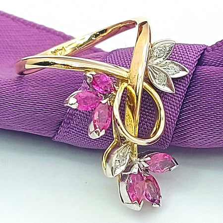 Ladies Yellow Gold 14ct (585, 14K) Natural Rubies & Diamonds Floral Vine Ring