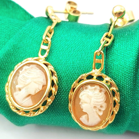 Ladies Yellow Gold 9ct (375, 9K) Cameo Portrait Oval Dangle Earrings