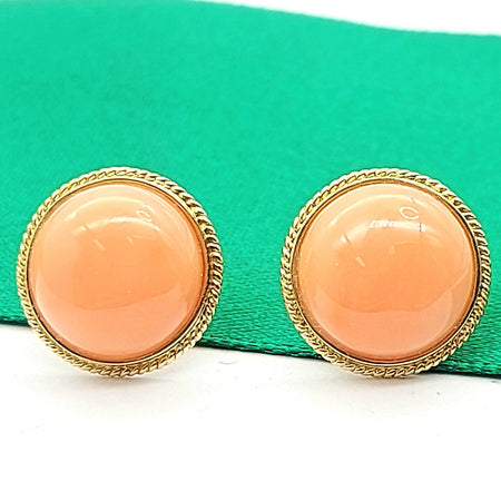 Ladies Yellow Gold 14ct (585, 14K) Coral Cabochon Bezel Round Stud Earrings
