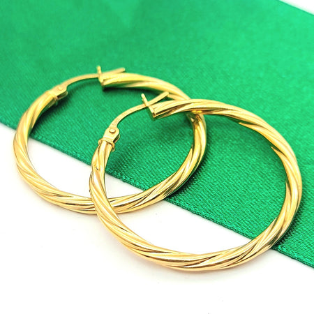 Ladies Italian Yellow Gold 9ct (375, 9K) Medium Twisted Pattern Hoop Earrings