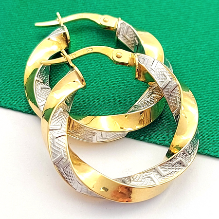 Ladies Italian Two-Tone Gold 9ct(375,9k) Twisted Greek Key Pattern Hoop Earrings