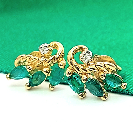 Ladies Yellow Gold 9ct (375, 9K) Emeralds & Diamonds Flared Wings Stud Earrings