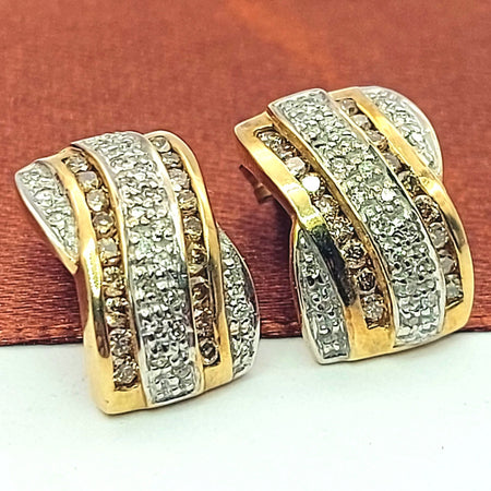 Ladies Yellow Gold 9ct (375 ,9k) Pave Cognac & White Natural Diamonds Studs