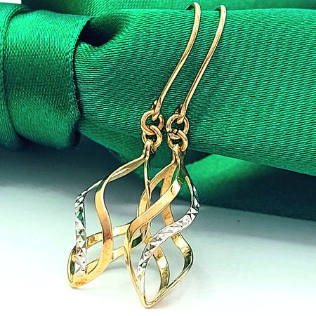 Ladies Two-Tone Gold 9ct (375, 9K) Teardrop Shape Cage Twist Dangle Earrings