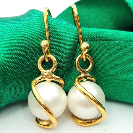 Ladies Yellow Gold 9ct (375, 9K) High Quality Swirl Pearl Dangle Drop Earrings