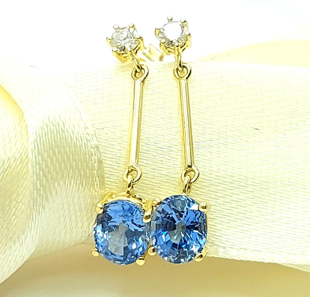 Ladies Yellow Gold 18ct (750, 18k) Drop Dangle Ceylon Sapphires & Diamond Studs