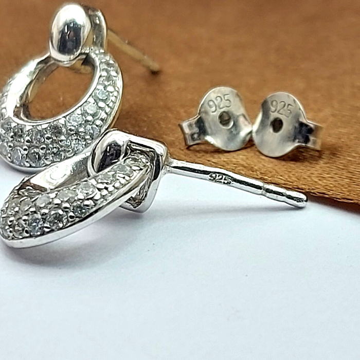 Ladies Silver Earrings (925) Sterling Silver Oval Drop Dangle Diamante Earrings