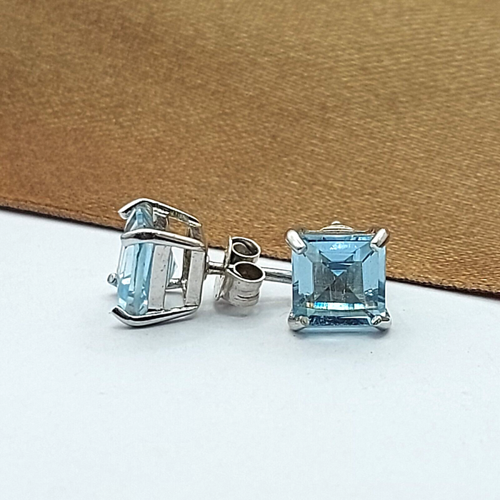 Ladies Sterling Silver Earrings (925) Square Cut Blue Created Aquamarine Studs