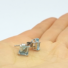 Load image into Gallery viewer, Ladies Sterling Silver Earrings (925) Square Cut Blue Created Aquamarine Studs