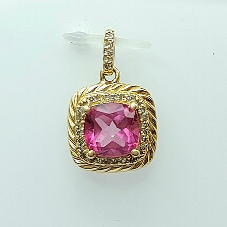 Ladies Yellow Gold 14ct (585,14k) Pink Sapphire & Diamonds Halo Pendant