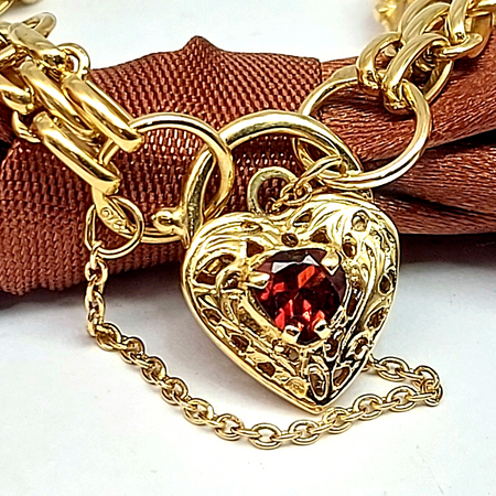Ladies Yellow Gold 9ct (375, 9K) Rare Heart Padlock Natural Garnet Gate Bracelet