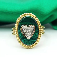 Load image into Gallery viewer, Ladies Yellow Gold 14ct (585, 14k) Oval Malachite W/ Natural Diamonds Love Ring