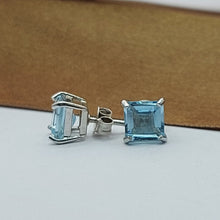 Load image into Gallery viewer, Ladies Sterling Silver Earrings (925) Square Cut Blue Created Aquamarine Studs