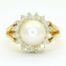 Load image into Gallery viewer, Ladies Ring 14ct (585, 14K) Yellow Gold Natural Pearl & (0.57ct) Diamond Ring