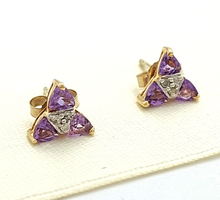 Load image into Gallery viewer, Ladies 10ct (417, 10K) Amethyst, Natural Diamond & Yellow Gold Stud Earrings