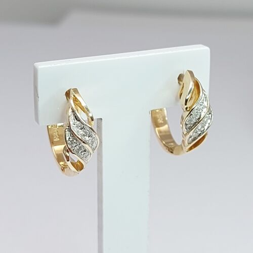 Ladies Yellow Gold 14ct (585, 14K) Unique Diamond (0.20ct) Swirl Huggie Earrings