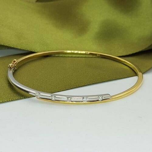 Ladies Bangle 9ct (375, 9K) Two Tone Gold Diamond (25pts) Oval Bangle