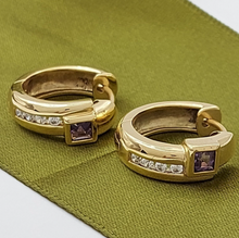 Load image into Gallery viewer, Ladies 9ct (375,9K) Real Solid Gold Amethyst 25pts Diamond Huggie Earrings