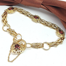 Load image into Gallery viewer, Ladies Yellow Gold 9ct (375, 9K) Rare Heart Padlock Natural Garnet Gate Bracelet