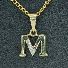 Load image into Gallery viewer, Ladies Pendant 9ct (375, 9K) Yellow Gold 'M' Diamond Chip Pendant
