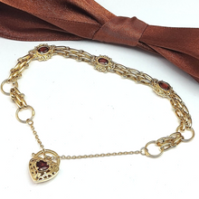Load image into Gallery viewer, Ladies Yellow Gold 9ct (375, 9K) Rare Heart Padlock Natural Garnet Gate Bracelet