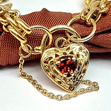Load image into Gallery viewer, Ladies Yellow Gold 9ct (375, 9K) Rare Heart Padlock Natural Garnet Gate Bracelet